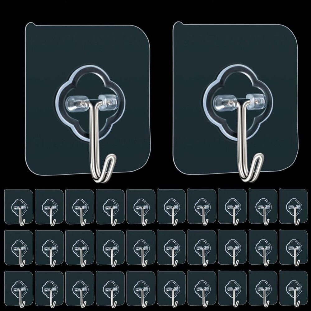Adhesive Hooks, 32 Pack 33lbMax Sticky Hooks, Transparent Reusable Removable Adh